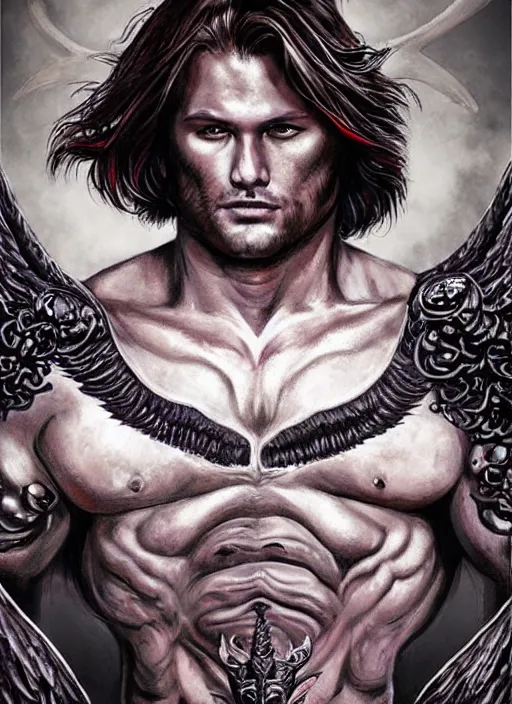Image similar to front portrait of attractive Sam Winchester as a muscular warrior angel with demon wings wide open, teared apart T-Shirt whole body tattooed with runes and satanic symbols, D&D!, fantasy style, sharp focus!, ultra detailed, art by Artgerm and Peter Andrew Jones, WLUP
