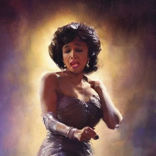 Prompt: a mixed media portrait painting of young shirley bassey singing with great power, hyperrealistic, detailed face, by frank frazetta, greg rutkowski, christian macnevin, wlop, krenz cushart, epic fantasy character art, volumetric lighting, cgsociety, exquisite detail, masterpiece, cinematic