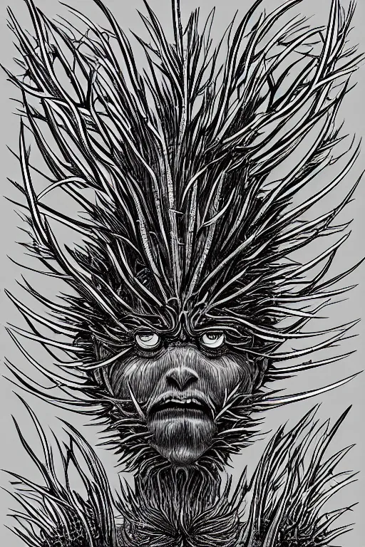 Image similar to thistle monster humanoid figure, symmetrical, highly detailed, digital art, needles, thorns, sharp focus, trending on art station, kentaro miura manga art style