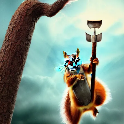 Image similar to the squirrel thor ~ holding his hammer ~ dramatic thunder background ~ fighting scene ~