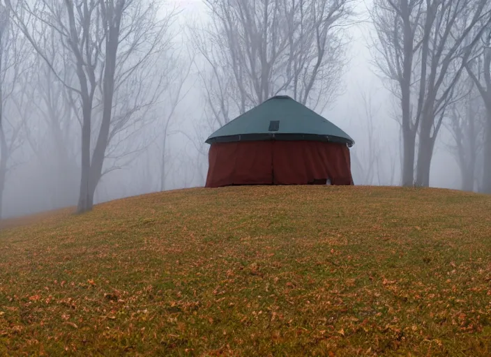 Prompt: a lone yurt on a hill overlooking the blue ridge mountains on a foggy morning