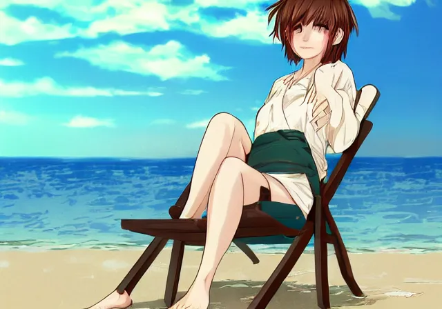 Image similar to A girl with short brown hair, wearing a white blouse, laying on a beach chair, drawn by WLOP, by Avetetsuya Studios, attractive character, colored sketch anime manga panel, trending on Artstation