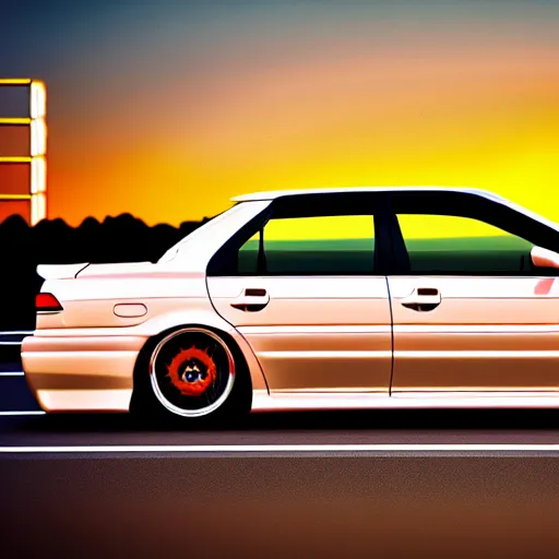 Image similar to a car drifting Toyota JZX100 in middle of road, gunma prefecture, city sunset, cinematic color, photorealistic, highly detailed, bokeh