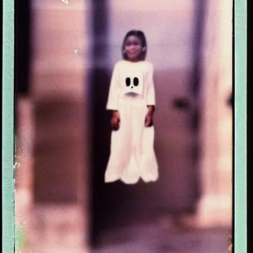 Prompt: adorable floating ghost photo taken with a polaroid, smol, aesthetic, 1 9 9 0 s
