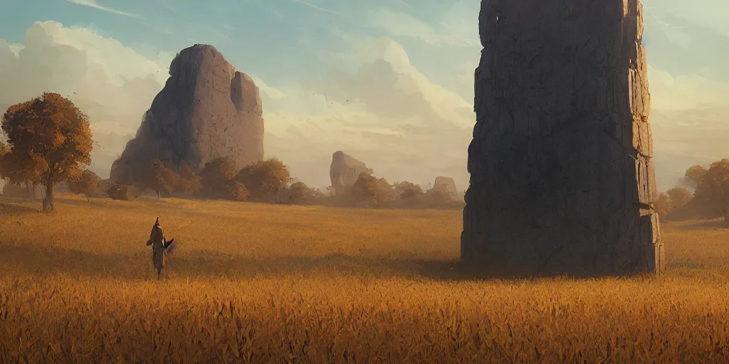 Image similar to wide shot of a floating monolith above a cornfield, late afternoon, golden hour, concept art by greg rutkowski and jakub rebelka