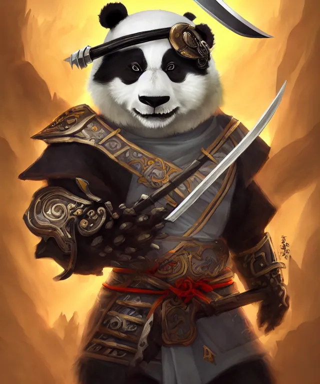 Image similar to a portrait an anthropomorphic panda samurai holding a katana, wearing armor with spiked shoulders, landscape in background, dnd character art portrait, world of warcraft style, by peter mohrbacher, cinematic lighting