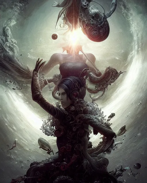 Image similar to realistic photo of a being shackled in the void, by akihiko yoshida and cgsociety. stunning goddess of speed charlie bowater and tom bagshaw, insanely detailed, artstation, space art. atoms surrounded by skulls and spirits deep under the sea, horror, sci - fi, surrealist painting, by peter mohrbacher