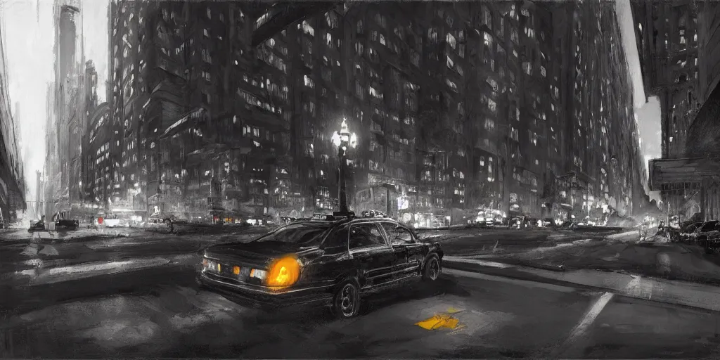 Image similar to taxi through the streets of chicago, night time, dramatic lighting, german expresionism, noir film, character sheet, fine details, concept design, high contrast, anthrophomorfic animals, kim jung gi, greg rutkowski, trending on artstation, 8 k, full body, turnaround, front view, back view, ultra wide angle