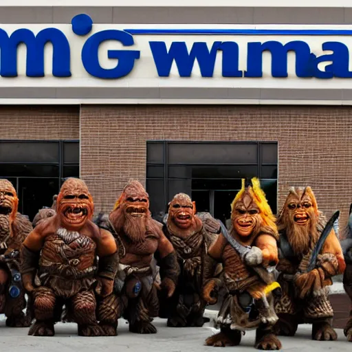 Prompt: orcs standing outside of a Walmart, protesting the working conditions, High detail, 2005