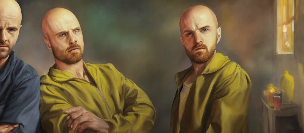 Prompt: an ultra detailed beautiful oil painting of jesse pinkman and heisenberg from breaking bad, colorful, soft shading, by sargent, by giovanni strazza, by raffaelo monti