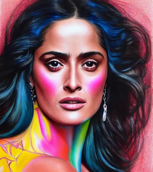 Image similar to beautiful painting of salma hayek, contemporary, colorful acrylic, airbrush painting, realistic portrait by kehinde wiley and archan nair, colored pencil sketch, hyperrealism, pastel chalk, oilpastels