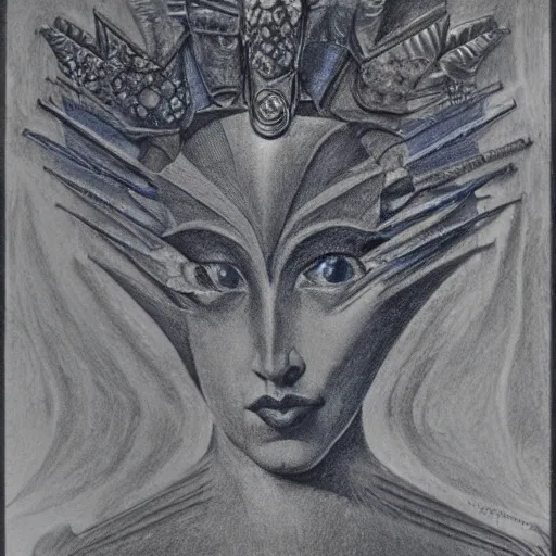 Image similar to Close-up of her majesty, pencil drawing. El Greco, Remedios Varo, Salvador Dali, Carl Gustav Carus, John Atkinson Grimshaw. Blue tint. Symetrical, logo, geometric shapes.