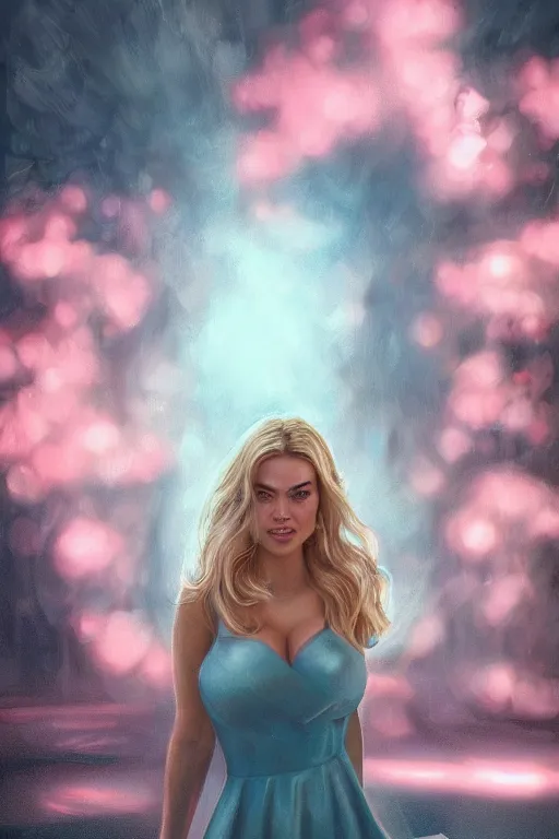 Prompt: an insanely detailed close up portrait of a beautiful blonde haired woman who looks like kate upton and margot robbie, blue dress, holding nikon camera, large fountain in background bokeh, in the style of peter mohrbacher, artgerm, dramatic lighting and composition, pink fog background, octane render, trending on artstation, concept art 8 k