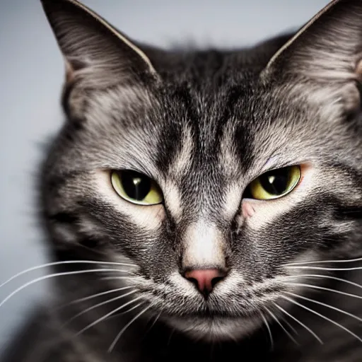 Prompt: Cat looking extremely disappointed with their mouth very sad, on kitchen table, 40nm lens, shallow depth of field, split lighting, 4k,