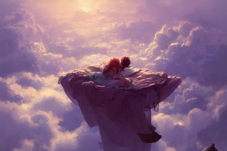 Prompt: a bed above the clouds and the stars, pastel sky, intricate, cinematic lighting, highly detailed, digital painting, artstation, concept art, smooth, sharp focus, illustration, art by Akihiko Yoshida, Greg Rutkowski and Alphonse Mucha