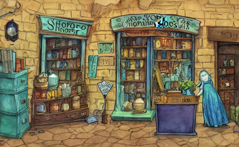 Image similar to witch's shop, storybook, gouache, flat, concept art, lush