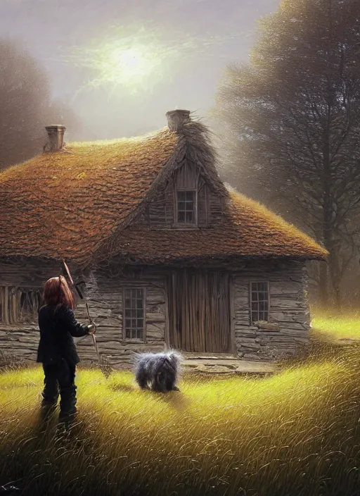 Image similar to highly detailed hyperrealistic painting of a blonde long - haired hillbilly standing in front of old rough house holding a stick, with his fluffy black and gray australian shepherd, bonfire, stephen bliss, art by greg rutkowski, loish, rhads, ferdinand knab, makoto shinkai and lois van baarle, tom bagshaw, global illumination, artstation