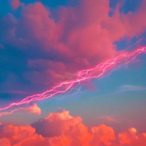 Prompt: low angle, pink golden clouds, blue sky, golden hour, telephone lines, thunder storm, detailed, photograph, award wining, trending on artstation, 4k, unreal engine 5, octane render, neon highlights