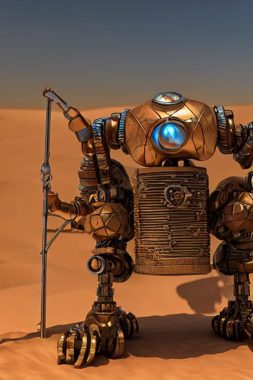 Image similar to rusty robot merchant in a desert tent selling parts, ultra realistic photograph, cinematic lighting, sand.