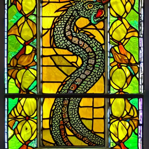 Prompt: side - view portrait of the head of a yellow dragon lizard, 1 0 th century stained glass window, masterful