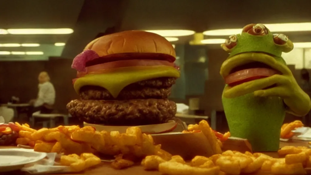 Image similar to the disdainful cheeseburger creature at the fast food place, film still from the movie directed by denis villeneuve and david cronenberg with art direction by salvador dali and zdzisław beksinski, wide lens