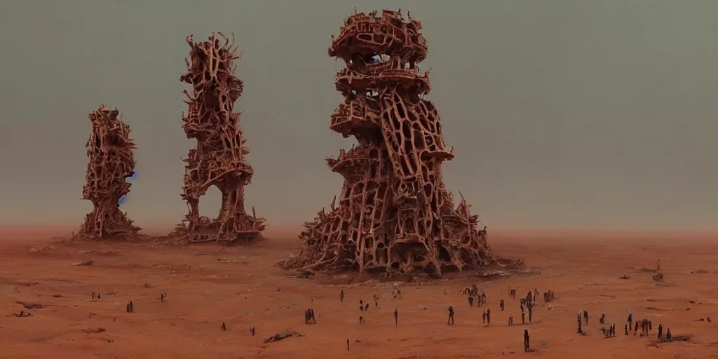 Image similar to supernova, mars red desert, neo brutalism babylon tower made from whale skeleton, painted by steve mccurry, terror, dark gloomy atmosphere, foggy, ruan jia, raymond swanland, lawrence alma tadema, zdzislaw beksinski, norman rockwell, jack kirby, tom lovell, alex malveda, greg staples