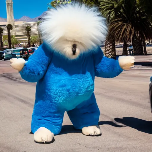 Prompt: LAS VEGAS, NV JUNE 7 2024: Fluffy gigantic adorable creature demands a hug.