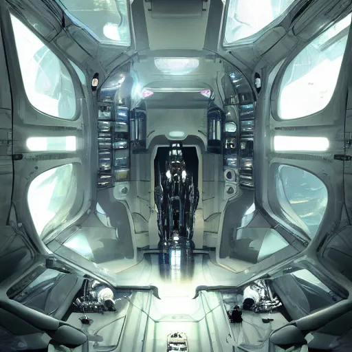 Prompt: inside cyborg spaceship by Stephan Martiniere, masterpiece , volumetric light