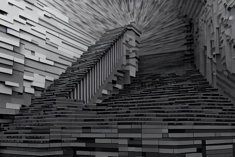 Image similar to a darkened stairway made of lego, with a small faceless figure walking down them, digital art