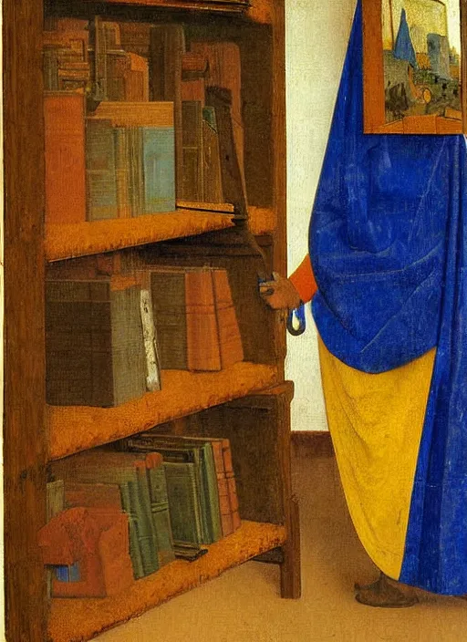 Image similar to bookshelf with books and children toys, medieval painting by jan van eyck, johannes vermeer, florence