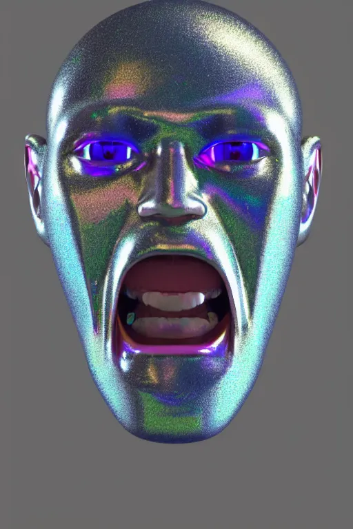 Prompt: 3d render of holographic angry human robotic screaming angry bust made of glossy iridescent, screaming, bust, surrealistic 3d illustration of a human non-binary, non binary model, 3d model human, cryengine, made of holographic texture, holographic material, holographic rainbow, concept of cyborg and artificial intelligence