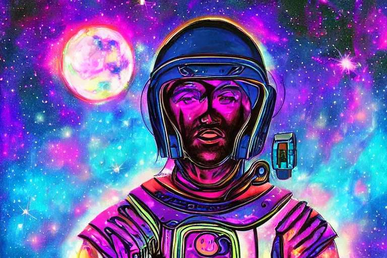 Image similar to digital art of a spiritual gladiator looking up at the stars, acrylic art, universe, painting, pastel colors, synthwave, retro, cyberpunk,