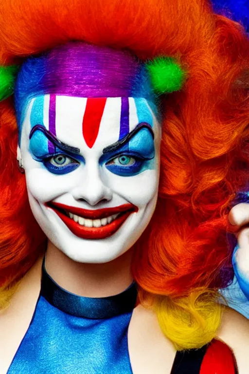 Prompt: margot Robbie as a clown, hyper realistic, sharp focus