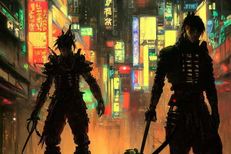Prompt: portrait full body samurai cyberpunk futur tokyo city night club by gaston bussiere, greg rutkowski, yoji shinkawa, yoshitaka amano, moebius, tsutomu nihei, donato giancola, tim hildebrandt, oil on canvas, trending onartstation, featured on pixiv, cinematic composition, extreme detail