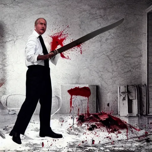 Image similar to Alexander Lukashenko as the American Psycho, staring psychopathically, sweating hard, holding an axe, covered in blood, cinematic still