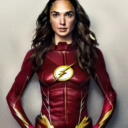 Image similar to an potrait of gal Gadot cast of movie the flash and wearing a flash suit, photorealistic high detail, full body shot.