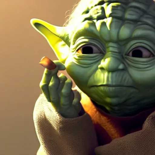 Image similar to A still of Yoda eating a Big Mac, 4k, photograph, ultra realistic, highly detailed, studio lighting