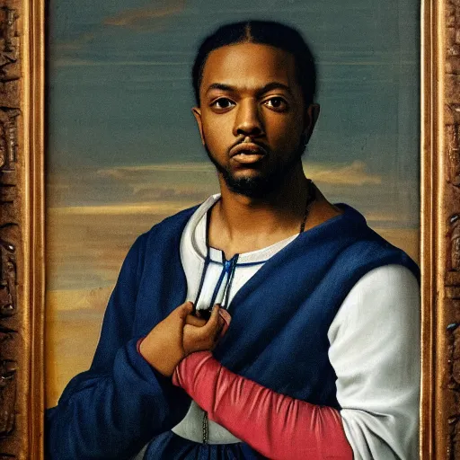 Image similar to a renaissance style portrait painting of kendrick lamar