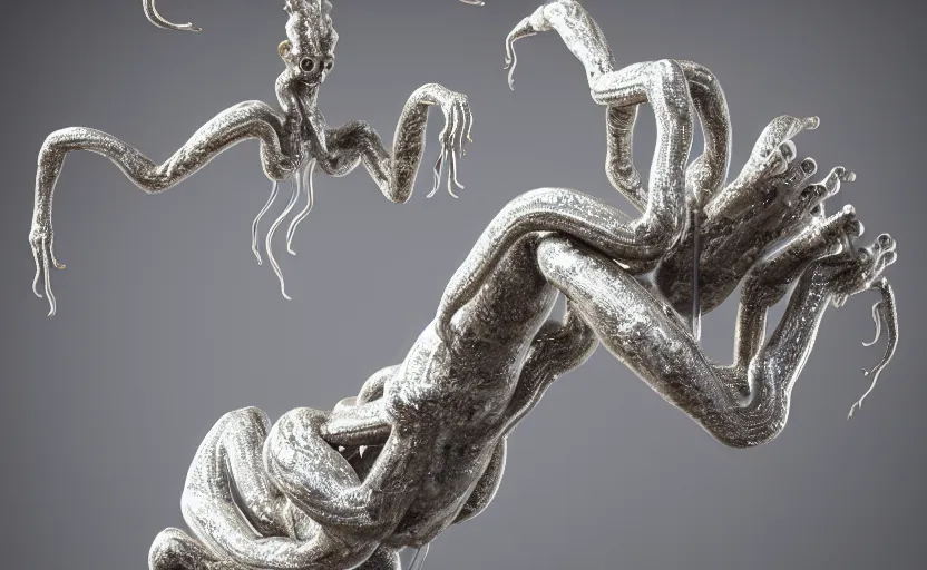 Image similar to stylized shiny polished silver statue full body extra limbs bizarre cosmic horror quadruped four legs made of marble of slug creature tendrils, perfect symmetrical body, perfect symmetrical face, hyper realistic, hyper detailed, by johannen voss, by michelangelo, octane render, blender, 8 k, displayed in pure white studio room