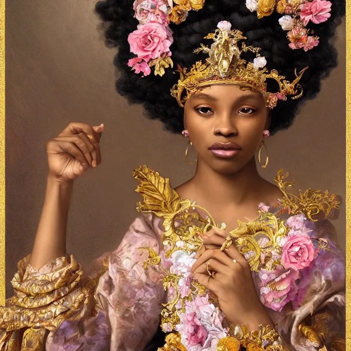 Prompt: highly detailed venetian rococo portrait of a black princess wearing a crown, golden jewels, pastel flowery background, volumetric lighting, flowers, fantasy, realistic, symmetrical face, digital illustration, art by krenz cushart, alphonse mucha, kehinde wiley, artem demura