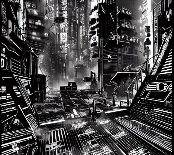 Image similar to a black and white illustration of a cyberpunk epic Friday night firefight in the style of MC Escher, Night City, cyberpunk 2077, 1979 OMNI Magazine Cover, very very coherent, street level neo-Tokyo in Cyberpunk 2045, 4k, 8k, HD, trending on artstation