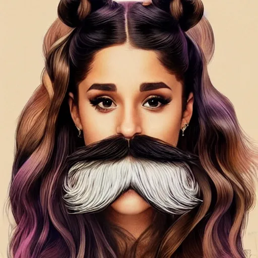 Image similar to Ariana Grande with a mustache, intricate, mustche, elegant, hairy mustache, highly detailed, Chevron stache, centered, digital painting, artstation, Walrus mustache, concept art, smooth, sharp focus, illustration, art by artgerm and H R Giger and alphonse mucha