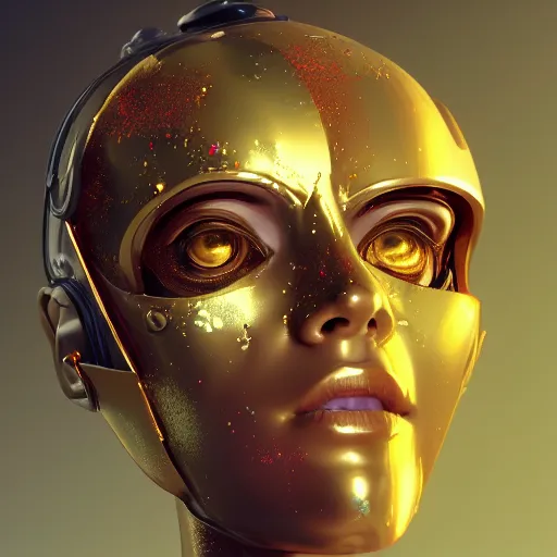 Image similar to portrait of an evil beautiful woman, marble skin, golden helmet, golden splatters, high - tech, cyberpunk, by kim jung gi, irakli nadar, intricate linework, bright colors, octane render,