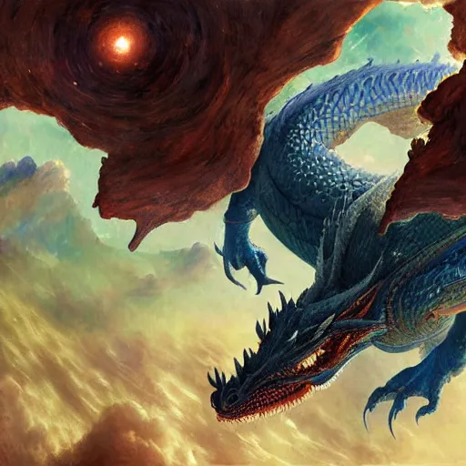 Prompt: Blue scaled dragon devouring an earth like planet while flying in space, European four-legged dragon, sun system, nebula, oil painting, by Fernanda Suarez and Edgar Maxence and Greg Rutkowski