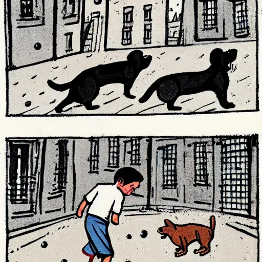 Image similar to illustration of french boy on the streets of paris playing football against a corgi, the dog is wearing a polka dot scarf, comic, 1 9 6 2