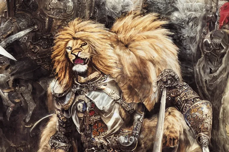 Image similar to 8k Yoshitaka Amano painting of upper body of a young cool looking lion beast-man at a medieval market at windy day. White mane, Depth of field. He is wearing complex fantasy armors. He has huge paws. Renaissance style lighting.