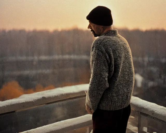 Image similar to award - winning lomographic tarkovsky film still of 4 0 years russian man with beard and sweater standing on small hrushevka 9 th floor balcony in taiga looking at sunset, cinestill, bokeh