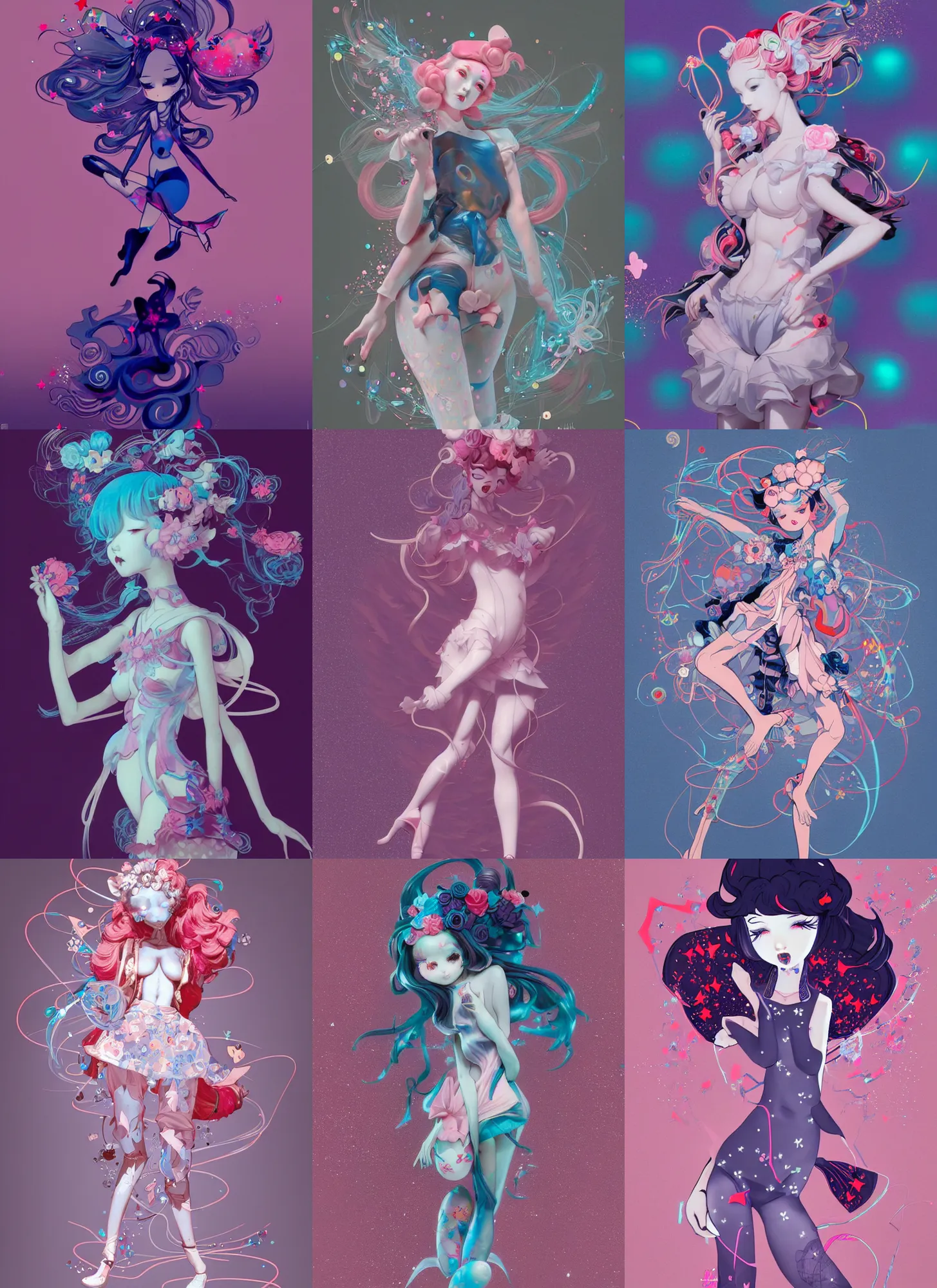 Prompt: james jean isolated vinyl figure voluptuous harajuku magical girl character design, figure photography, dynamic pose, holographic undertones, motion shapes color design, glitter accents on figure, anime stylized, sharp focus, accurate fictional proportions, high delicate defined details, ethereal lighting