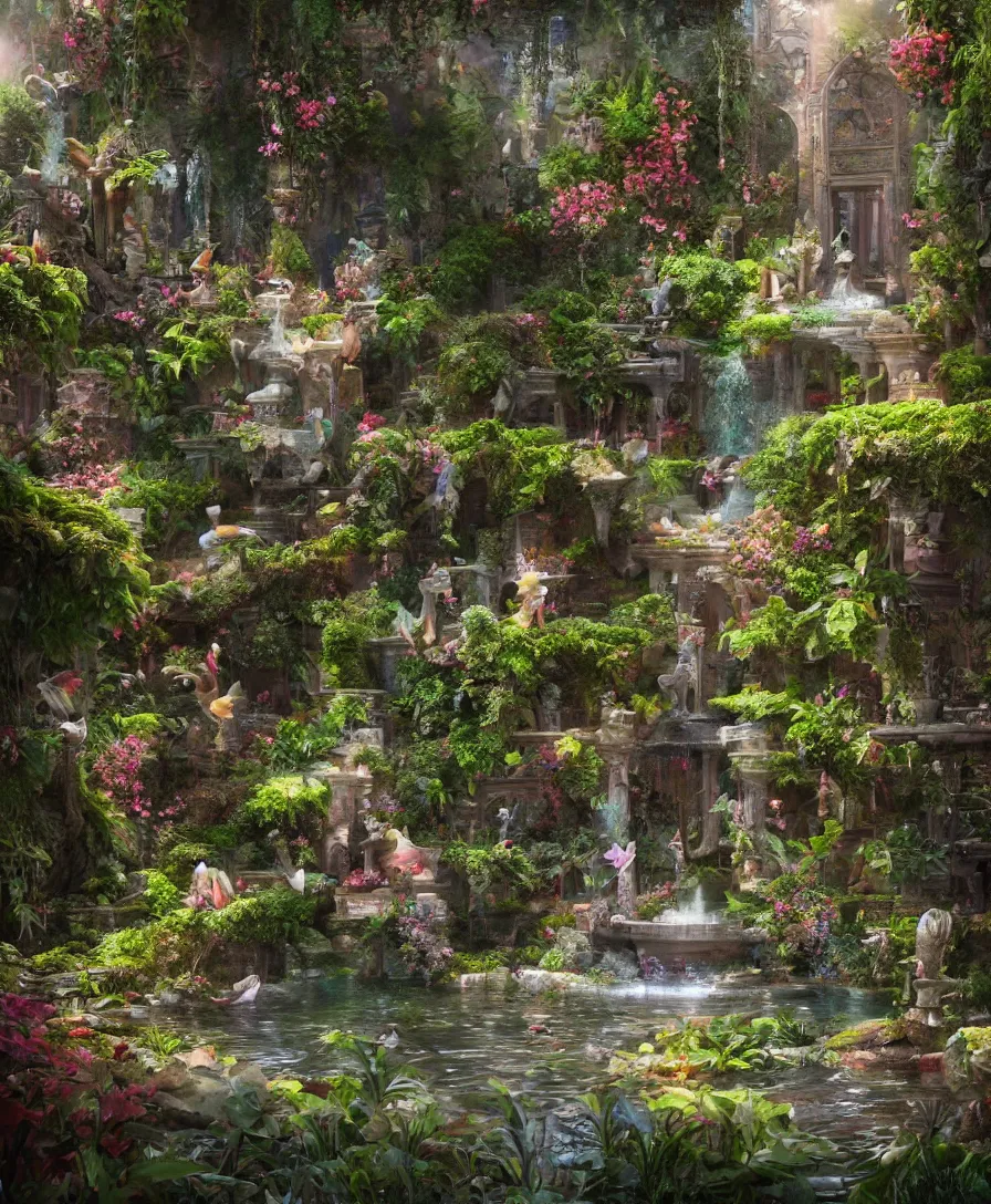 Prompt: beautiful Hyperrealistic Secret garden in the middle of temple ruins, water fountain, birds flying, highly detailed, digital painting, trending artstation, concept art, illustration, cinematic lighting, vibrant colors, photorealism, epic, octane render