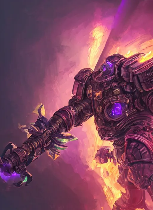 Prompt: a highly detailed illustration of dieselpunk cyber knight with flowing flaming plume with machine gun arms, rigid bulky armor, purple glowing cracks in armor, dramatic standing pose, intricate, elegant, highly detailed, centered, digital painting, artstation, concept art, smooth, sharp focus, league of legends concept art, WLOP